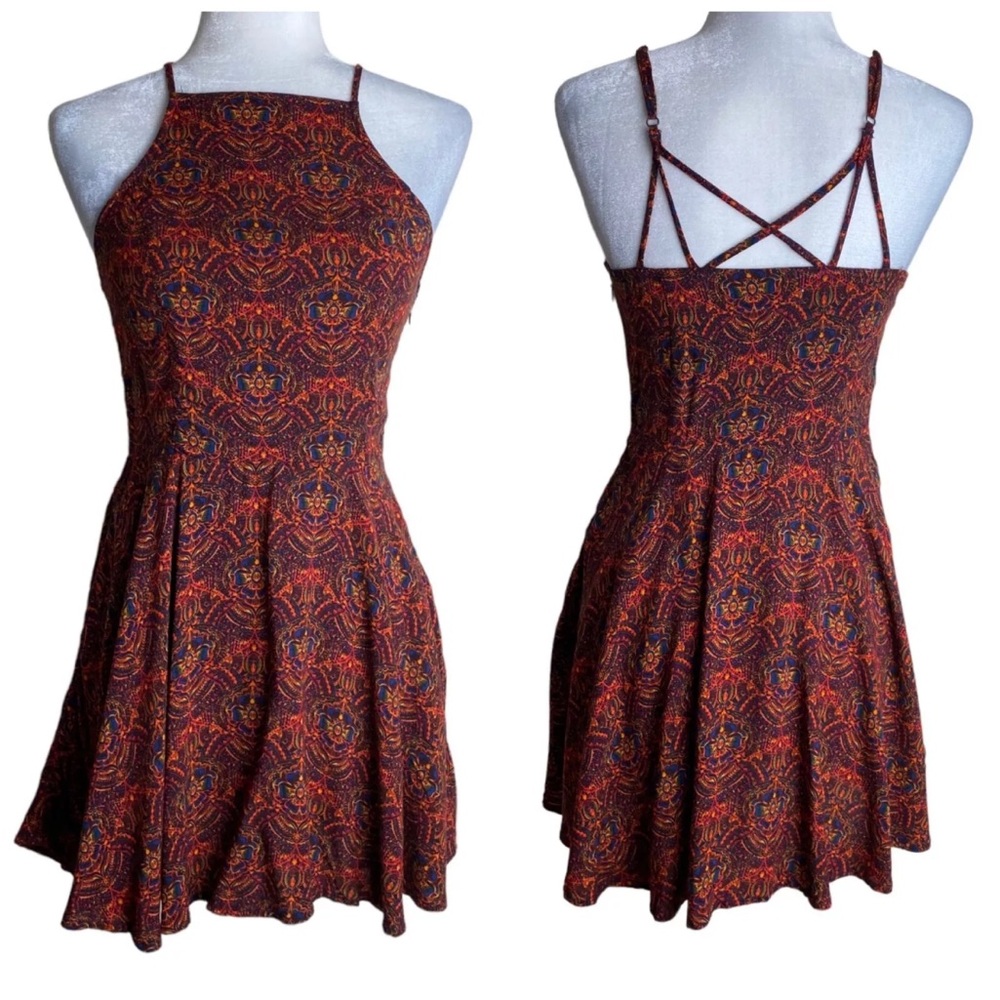 Abercrombie & Fitch Red Skater Mini Dress Fit-n-Flare Floral Boho Women's Sz S